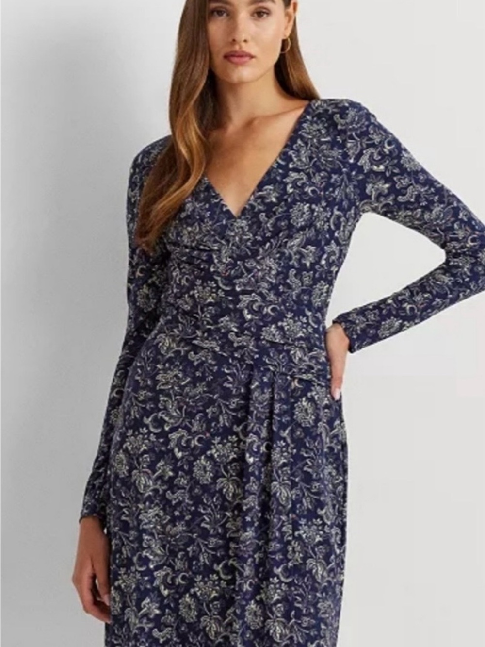 Lauren by Ralph Lauren sz 12 Women's Navy Floral V-Neck Long-Sleeve Dress